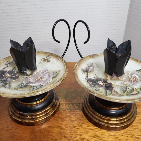 Vintage Pair of Porcelian and Metal Hand Painted Floral Candle Holders - Picture 10 of 17